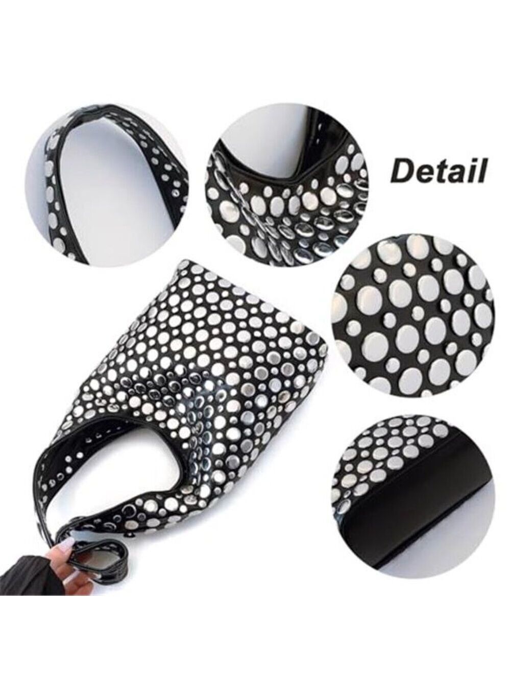 Y2K Hobo Shoulder Bag Punk Studded Top Handle Bag for Women Tote Handbag Black - Picture 5 of 7